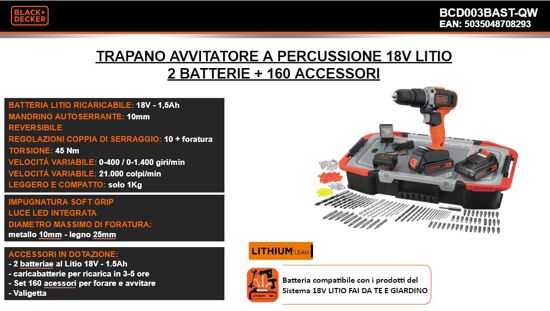 BLACK & DECKER BCD383D1XC-QW Trapano Avvitatore A Percussione A Batteria 18V - 2.0 Ah  Con Batteria E Caricabatterie Bcd383d1xc Qw - Foto 12